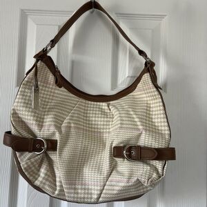 Chaps Hobo Shoulder Bag Houndstooth Tan Cream Faux Leather Trim NEW